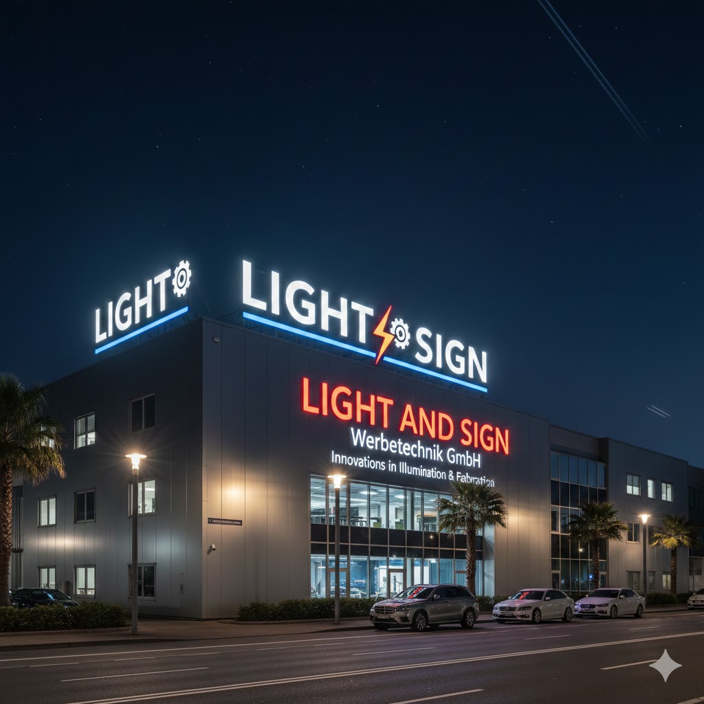 Firmengebäude von Light and Sign mit moderner LED Lichtwerbung und beleuchteter Außenfassade bei Nacht