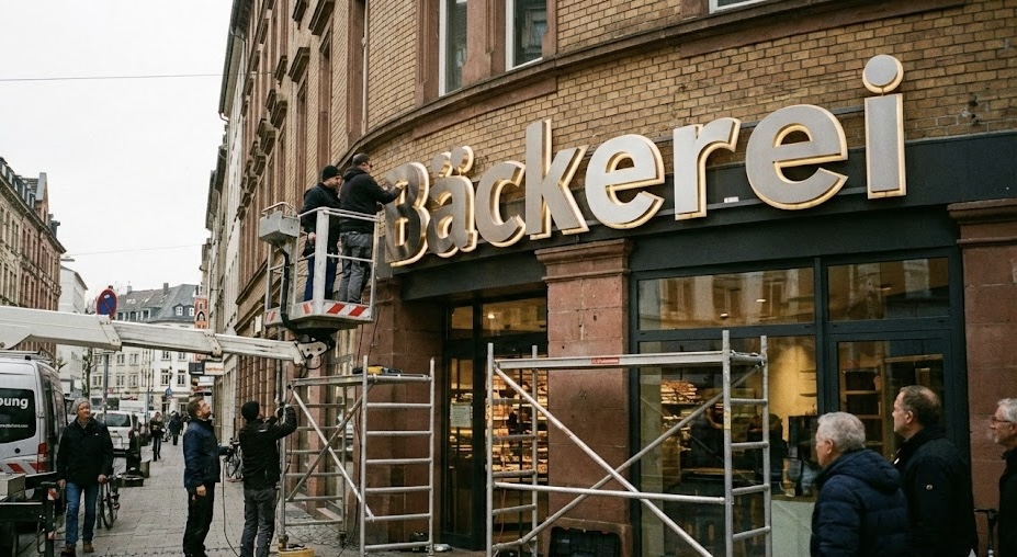 Leuchtbuchstaben an der Fassade einer Bäckerei in der Stadt.